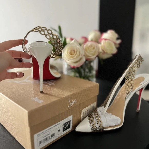 Christian Louboutin WhiteGold CircleP MALAIKA 100 PATENT Slingback Pumps EU 39 - Picture 7 of 9